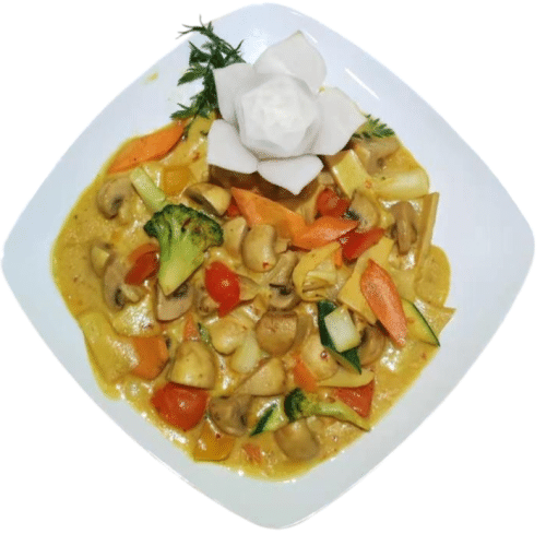 Hühnerbrust mit Gemüse und Currysauce (scharf)