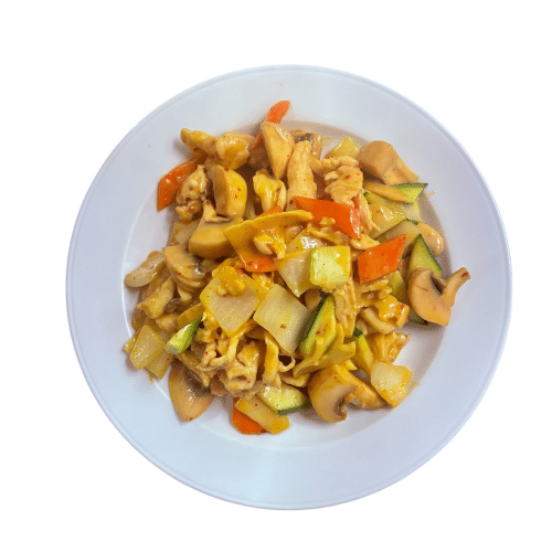 Hühnerbrust mit Gemüse und Currysauce (scharf)