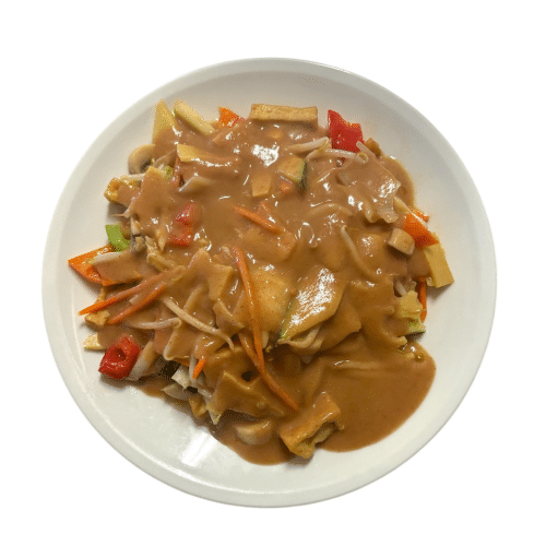 Schweinfleisch mit Gemüse in Erdnusssaucen