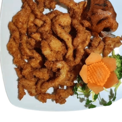 Spezial gebackene Hühnerbrust streifen mit Curry Soße