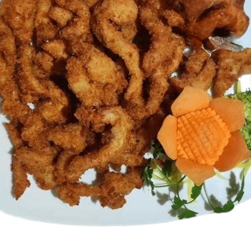 Spezial gebackenes Schweinefleischstreifen mit Curry Soße