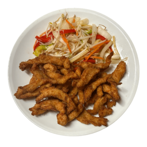 Spezial paniert Hühnerfleischstreifen mit Gemüse