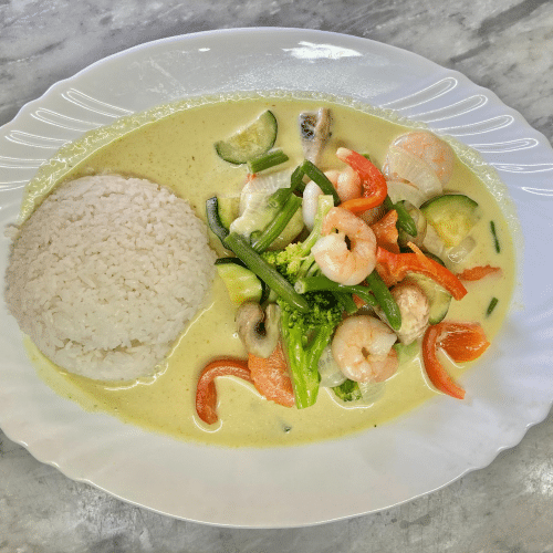 Gemüse mit grünem Thai Curry (Garnelen, scharf)