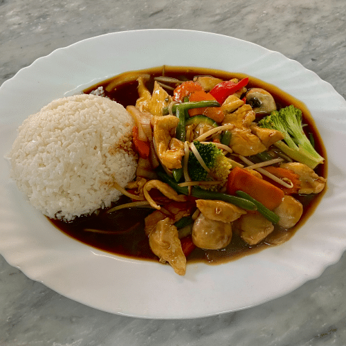 Gemüse mit Thai Basilikum (Hühnerfleisch, scharf)