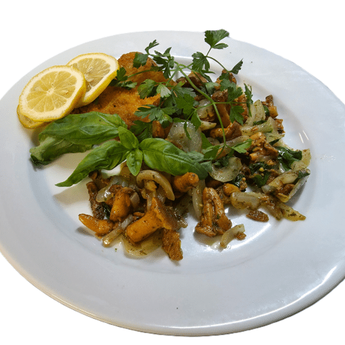 Frische Pfifferlinge mit einem Schnitzel nach Wahl