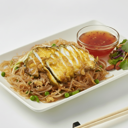 Gebratene Glasnudeln mit krossem Hühnerfleisch