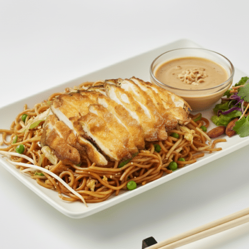 Gebratene Nudeln mit Hühnerbrustfilet kross und Erdnusssauce