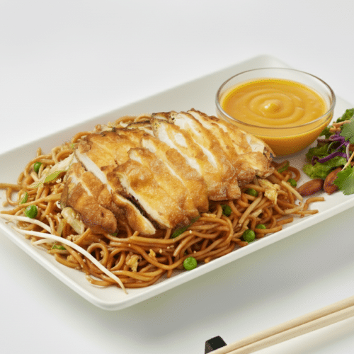 Gebratene Nudeln mit Hühnerbrustfilet kross und Mangosauce