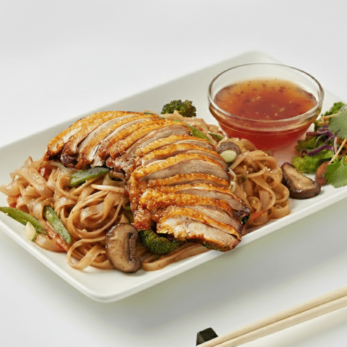 Gebratene Reisbandnudel mit Ente kross