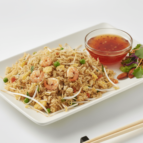 Gebratener Reis mit Shrimps in Curry (leicht scharf)