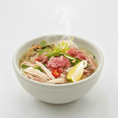 Reisbandnudeln Suppe mit Hühnerbrust und Rindfleisch