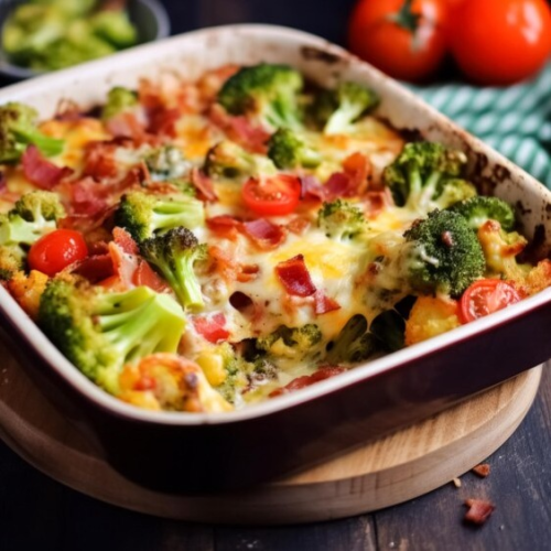 Broccoli Auflauf mit Tomaten-Sahnesauce und Käse überbacken
