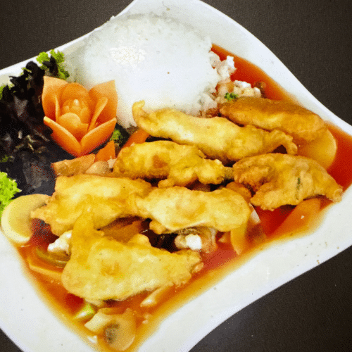 Gebackenes Seelachsfilet (Süß-Sauer-Sauce)