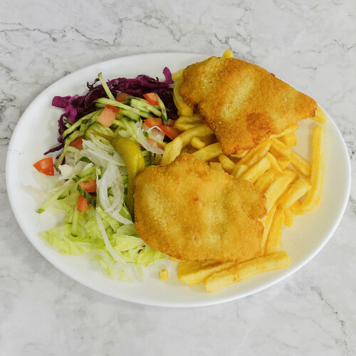 Hähnchenschnitzel mit Pommes frites und Sauce nach Wahl