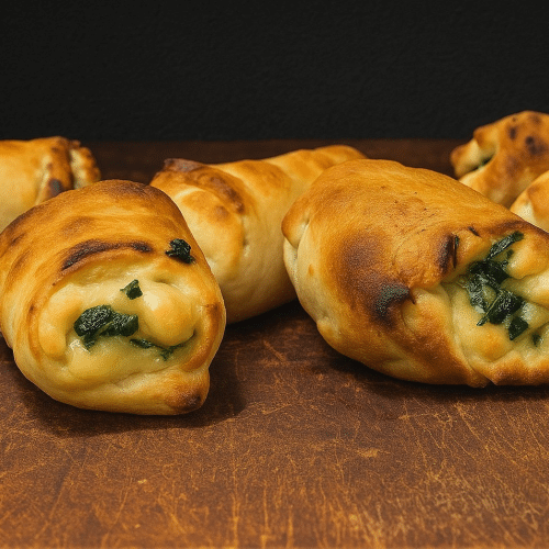 Pizzabrötchen gefüllt mit Spinat, Feta und Knoblauch