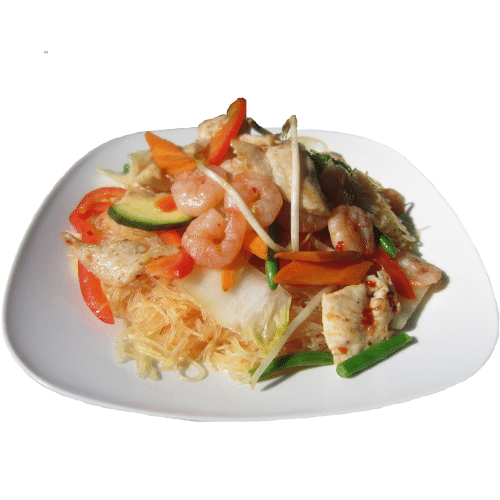 Gebratene Glasnudeln mit Hühnerbrust, Shrimps