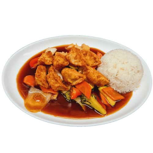 knusprige Gyoza mit Reis und Gemüse - vegan