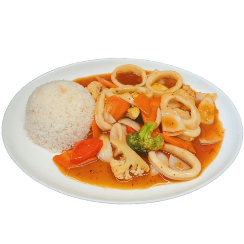 Tintenfisch mit Reis & Gemüse