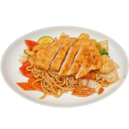 Udon Nudeln mit paniertem Hühnerbrust