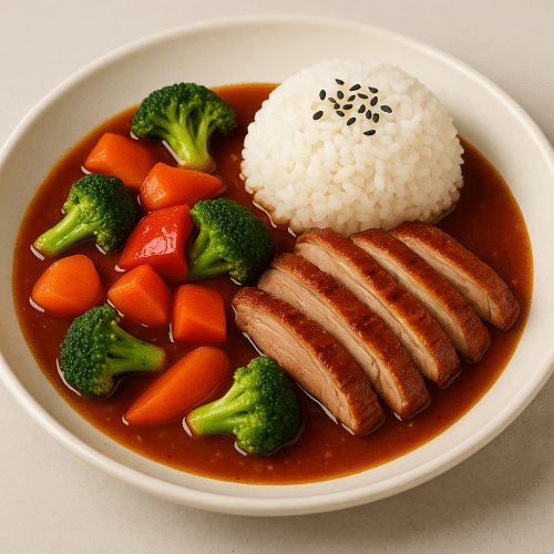 Szechuan-Sauce mit Ente und Reis