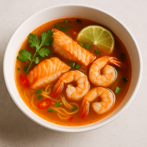 Tom Yum Suppe mit Lachs und Garnelen ( Sehr scharf)