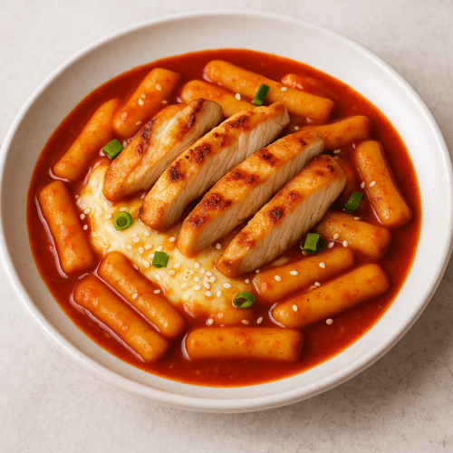 Tteokbokki mit geschmolzenem Mozzarella und Hähnchenstreifen