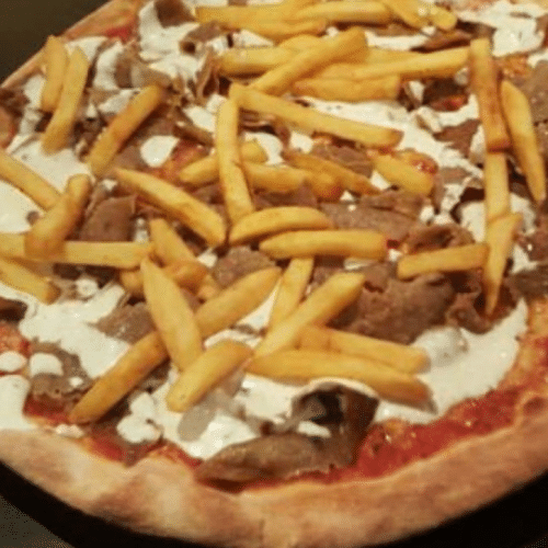 Doner pizza poteto mitt pommes u mozerla uberbacken nui
