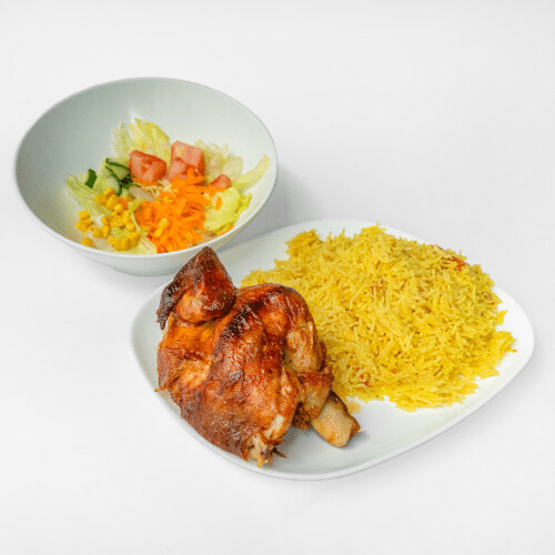Halbes Hähnchen mit Reis und Salat