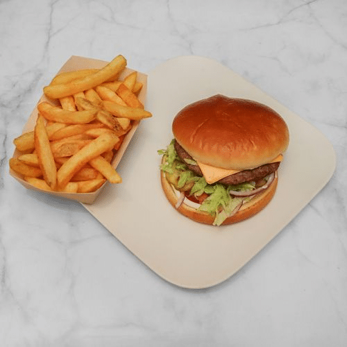 Cheeseburger mit Pommes frites