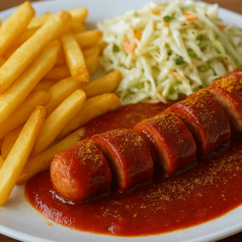 Currywurst mit Pommes Salat