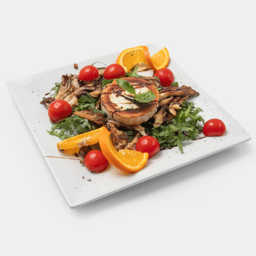 Austernpilze und Ziegenkäse vom Grill auf Rucola