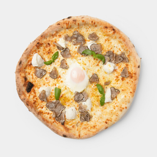 Pizza Weiß mit Büffelmozarella, Ei und Trüffel
