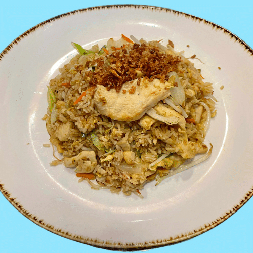 Eierreis mit gebratenem Hühnerfleisch,