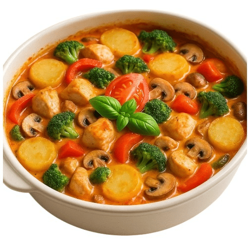 Kartoffelauflauf mit Hähnchen, Zwiebeln, Paprika, Champignons,