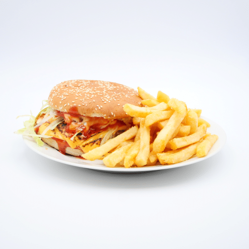 Cheeseburger mit Pommes frites