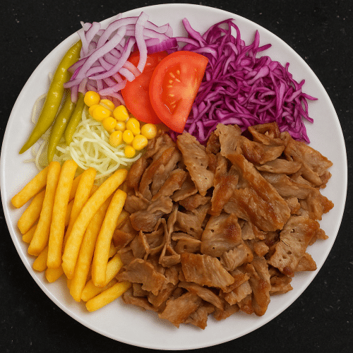 Drehspieß Teller mit Pommes frites