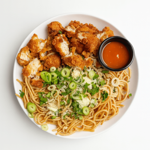 Garlic Parmesan noodles Fried Chicken & Sauce of choice Halal