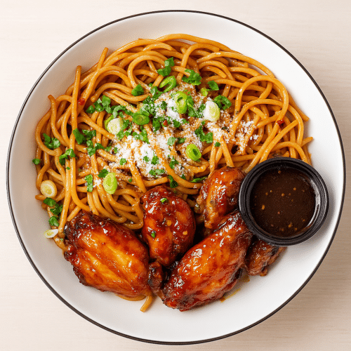 Garlic Parmesan Noodles 4 chicken wings & sauce of choice Halal