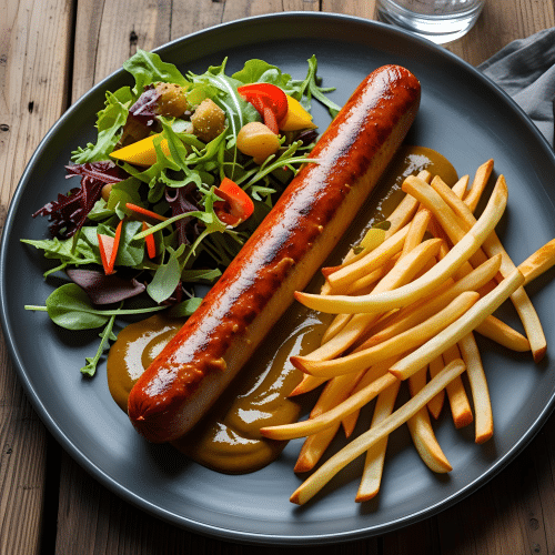 Riesen Currywurst mit Pommes frites und Salat