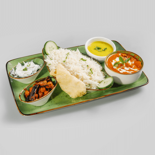 Butter Chicken mit Reis und Raitha