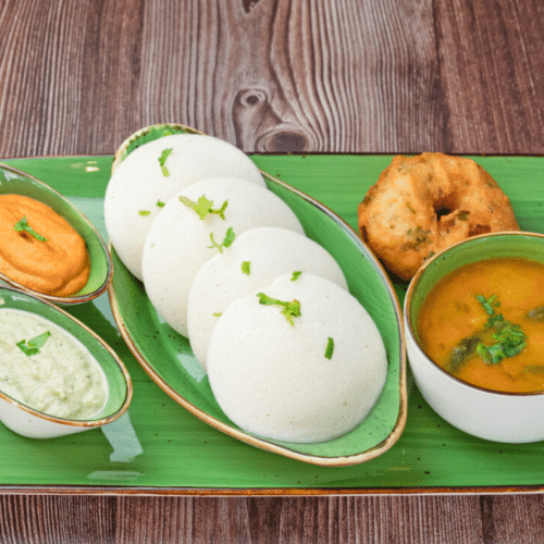 Idli Sambar mit Chutney und Vadai (Vegan)
