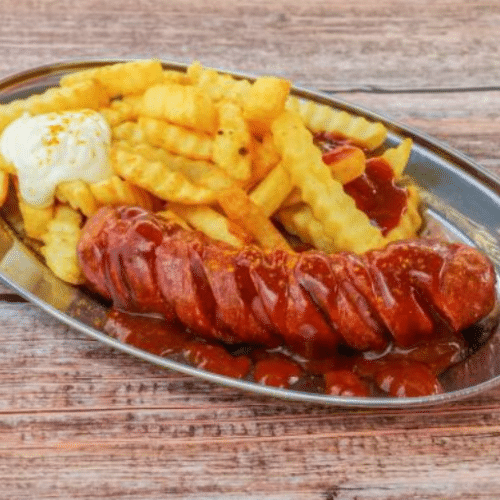 Jumbo Wurst mit Pommes frites