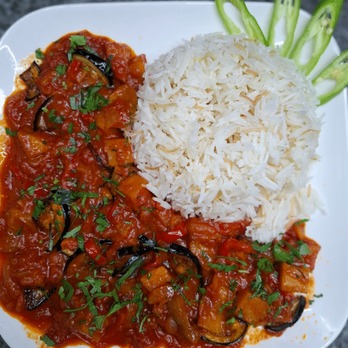 Mousaka Aubergine und Reis