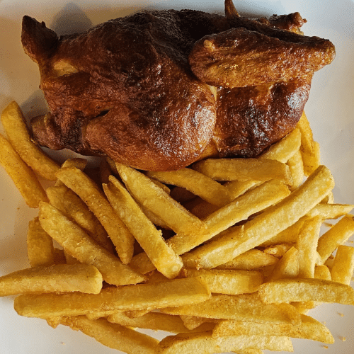Halbes Hähnchen mit Pommes,