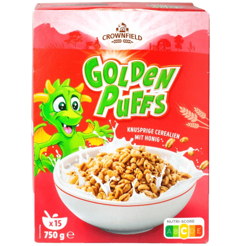 Crownfield goldenpuffs knusprige cerealien mit honig 750g