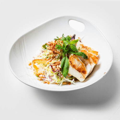 Bun Nam Bo mit gegrilltem Kabeljau, Dill, Schalotten,