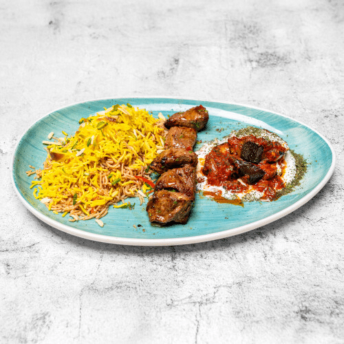 Narenj Palau ba Kabab wa Badenjan Borani (pikant)