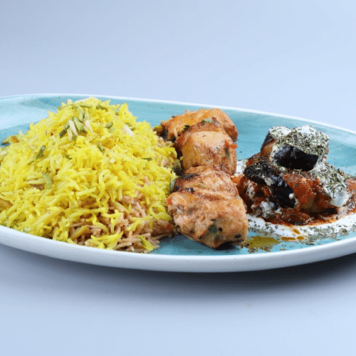 Kababe Morgh ba Narendj Palau wa Badenjan Borani (pikant)