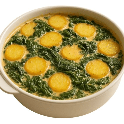 Kartoffelauflauf mit Blattspinat und Sahnesauce