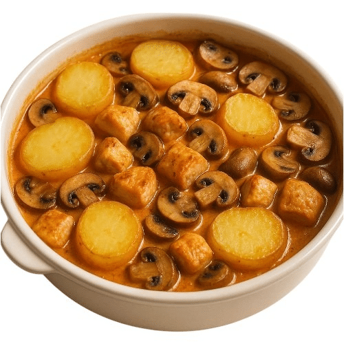 Kartoffelauflauf mit Champignons und Tomaten-Sahnesauce
